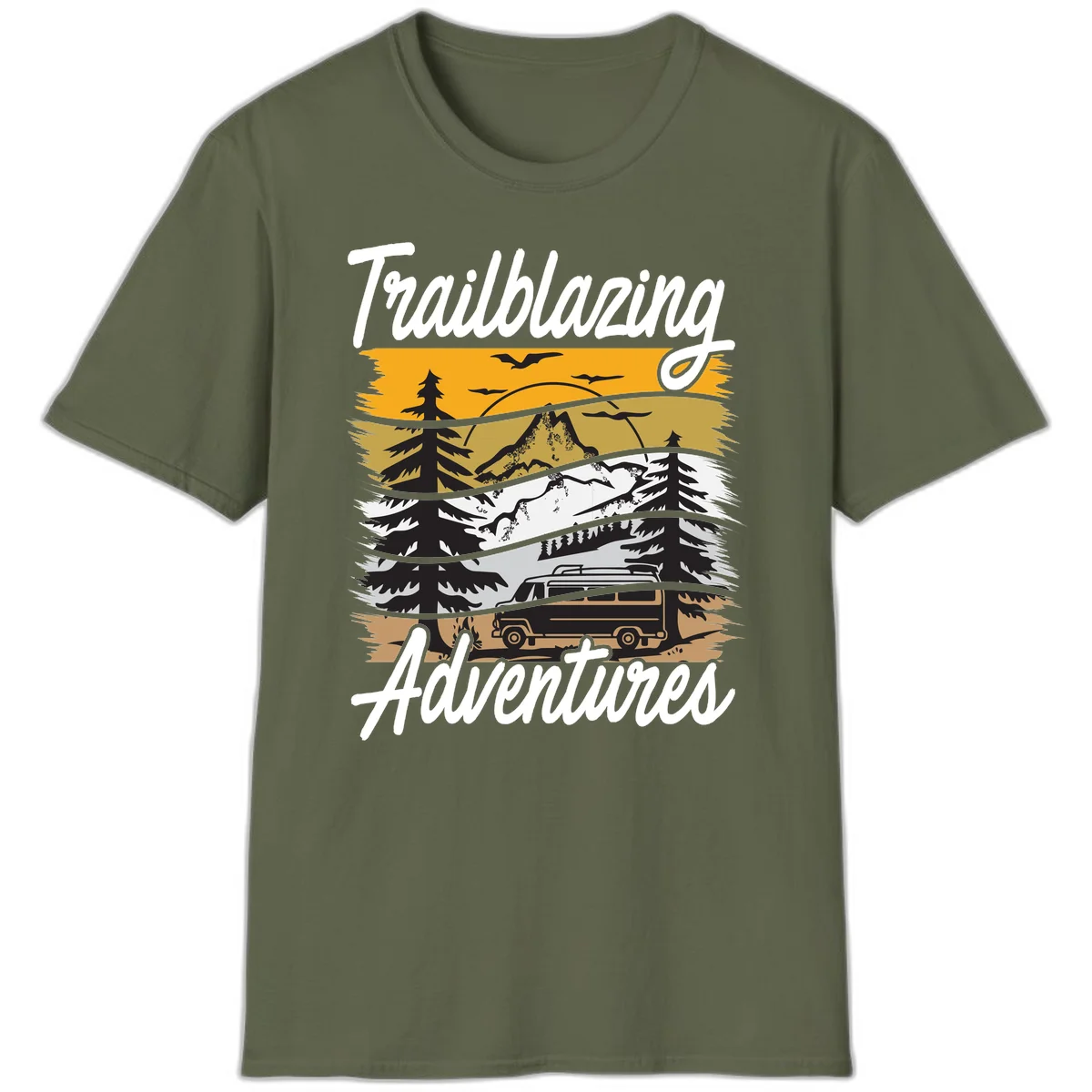 Layered mountain landscape with camping van, evergreen trees, and snowy peaks under golden sky with 'Trailblazing Adventures' text in Military Green