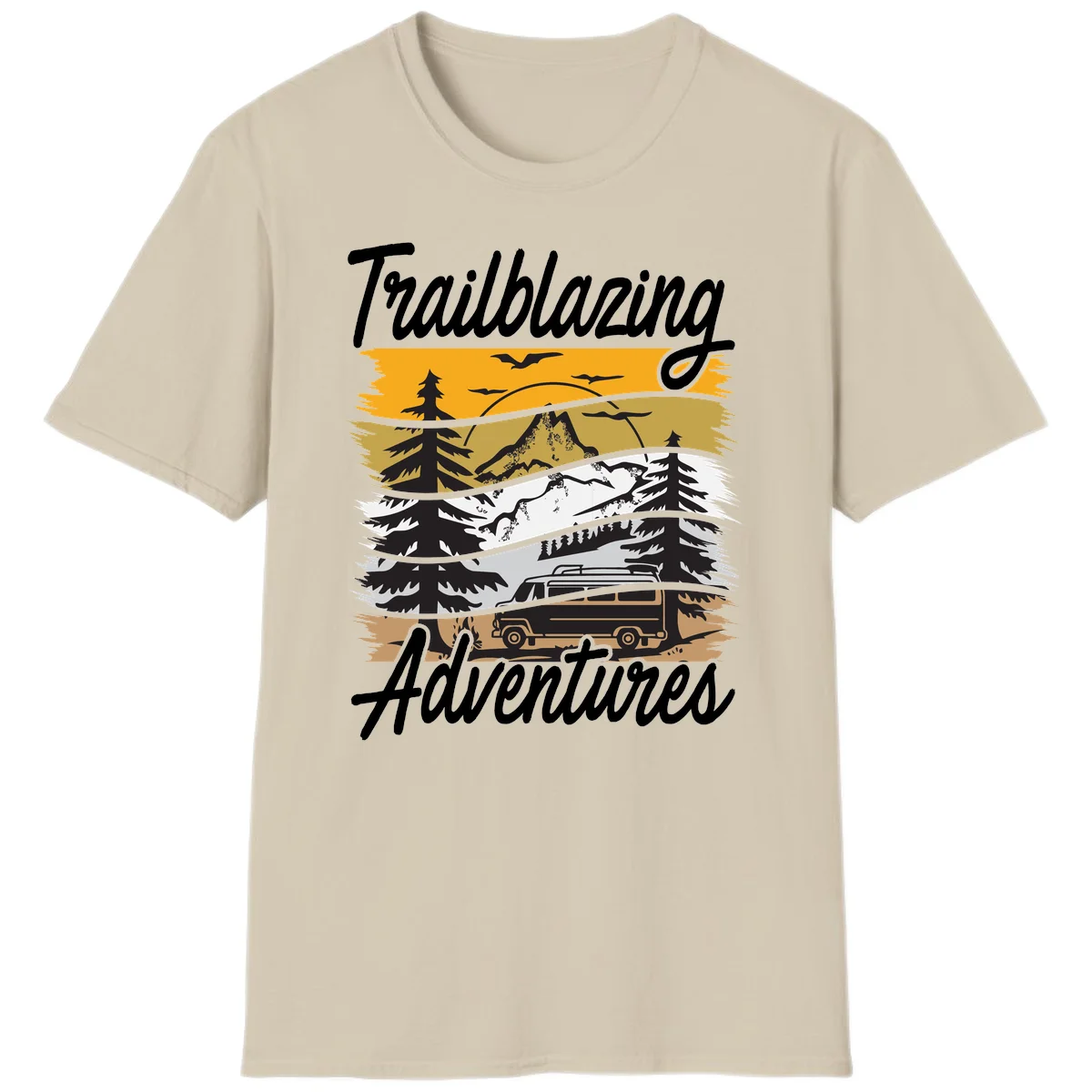 Layered mountain landscape with camping van, evergreen trees, and snowy peaks under golden sky with 'Trailblazing Adventures' text in Sand