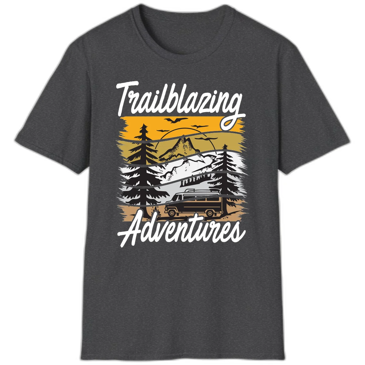 Layered mountain landscape with camping van, evergreen trees, and snowy peaks under golden sky with 'Trailblazing Adventures' text in Dark Heather
