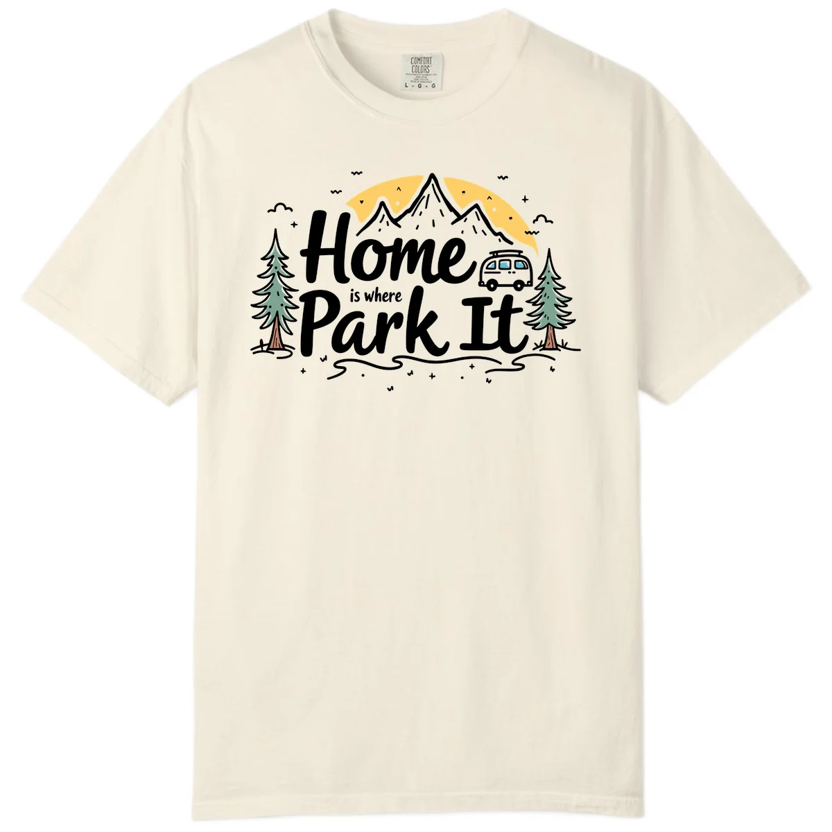 Illustrated design with mountains, camper van, pine trees, moon and clouds with 'Home is where I Park It' text in Ivory