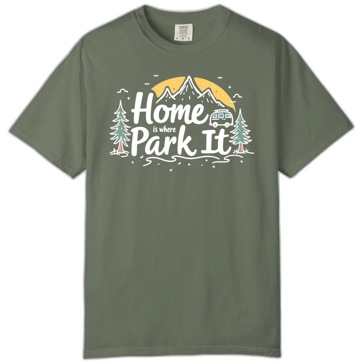 Illustrated design with mountains, camper van, pine trees, moon and clouds with 'Home is where I Park It' text in Moss