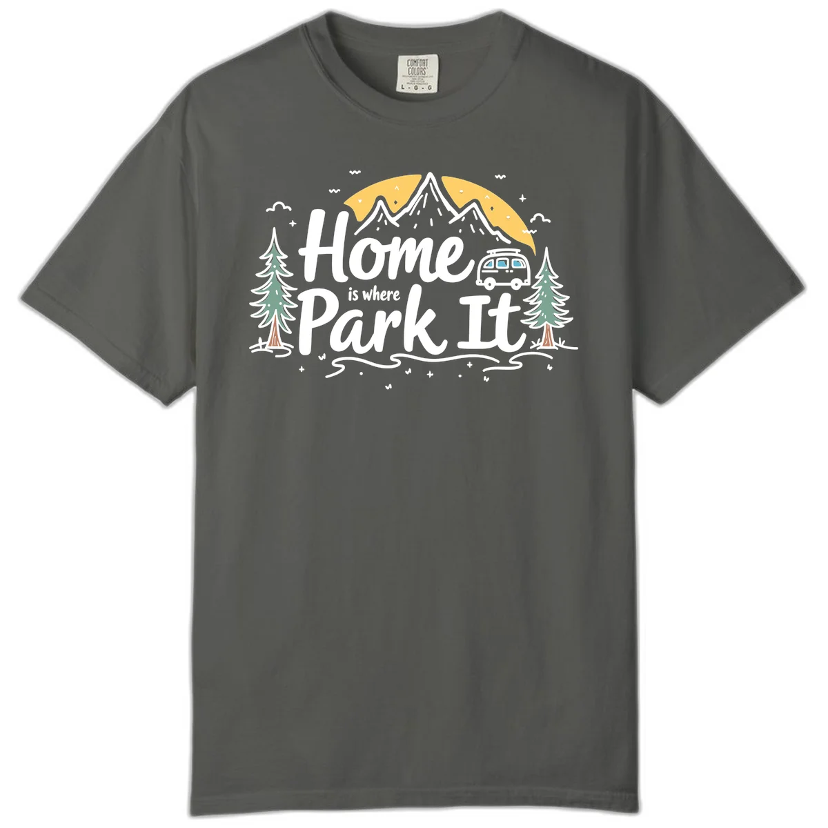 Illustrated design with mountains, camper van, pine trees, moon and clouds with 'Home is where I Park It' text in Pepper