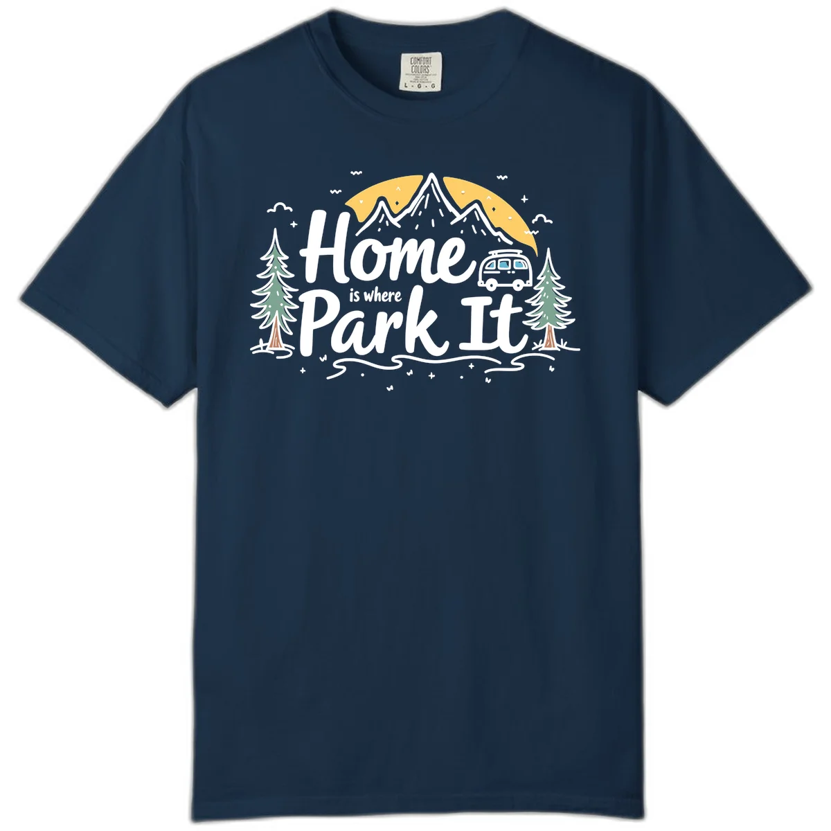 Illustrated design with mountains, camper van, pine trees, moon and clouds with 'Home is where I Park It' text in True Navy