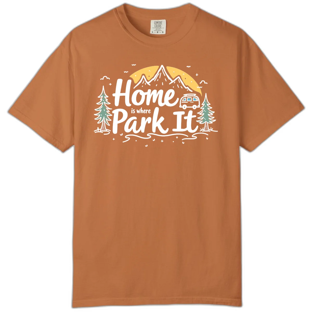 Illustrated design with mountains, camper van, pine trees, moon and clouds with 'Home is where I Park It' text in Yam