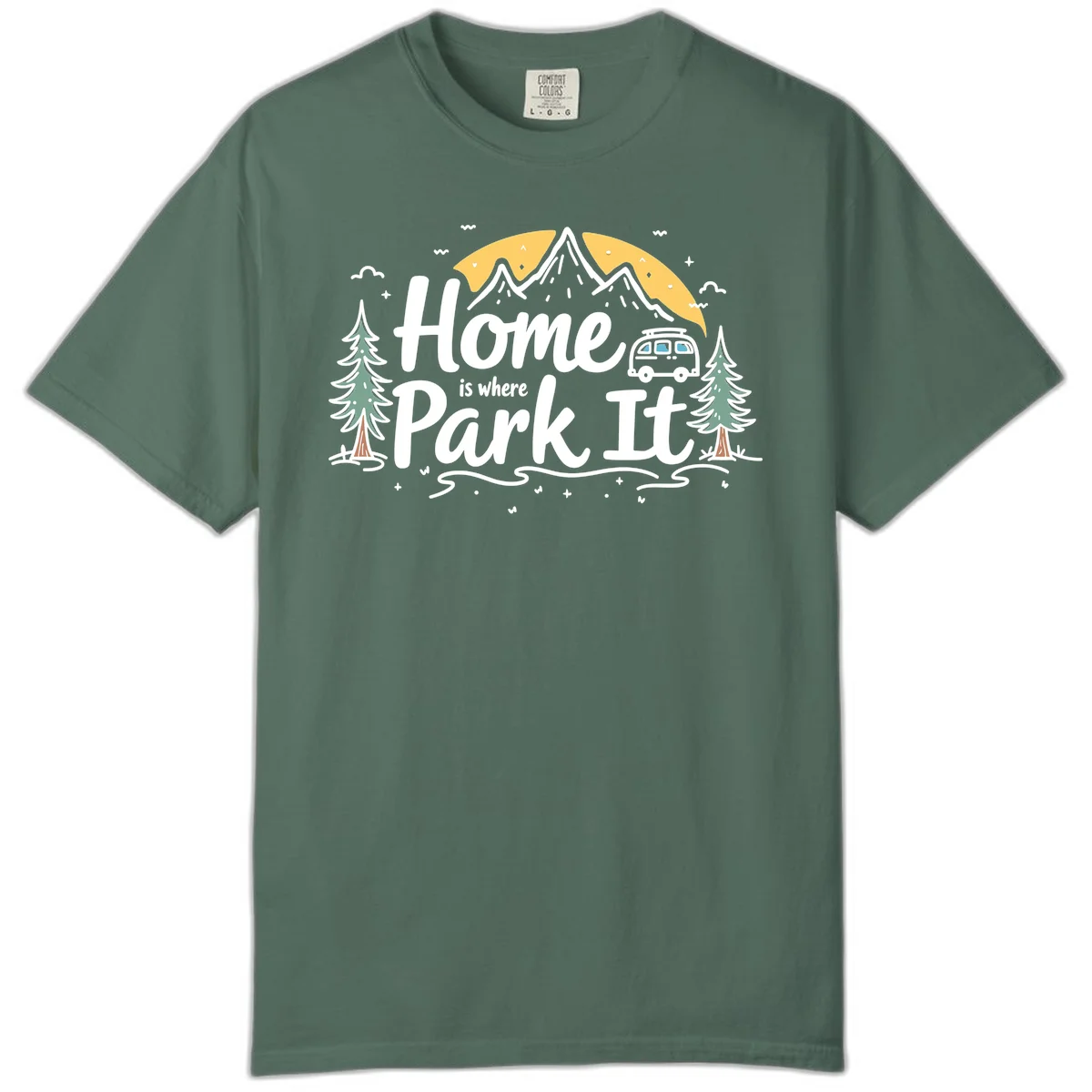 Illustrated design with mountains, camper van, pine trees, moon and clouds with 'Home is where I Park It' text in Blue Spruce
