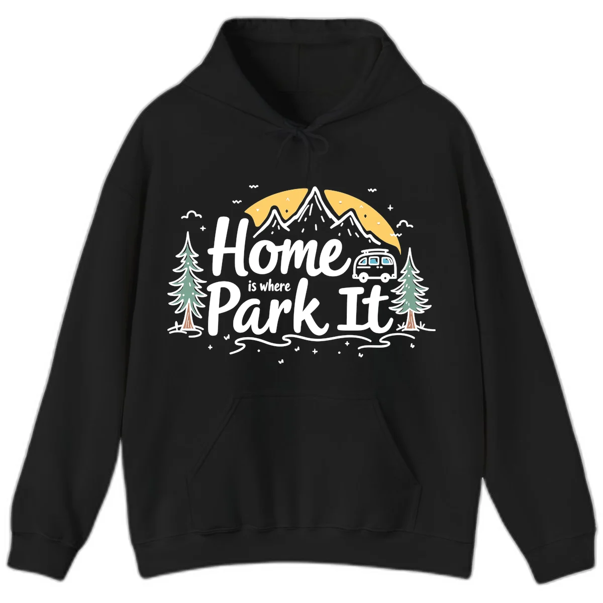 Illustrated design with mountains, camper van, pine trees, moon and clouds with 'Home is where I Park It' text in Black