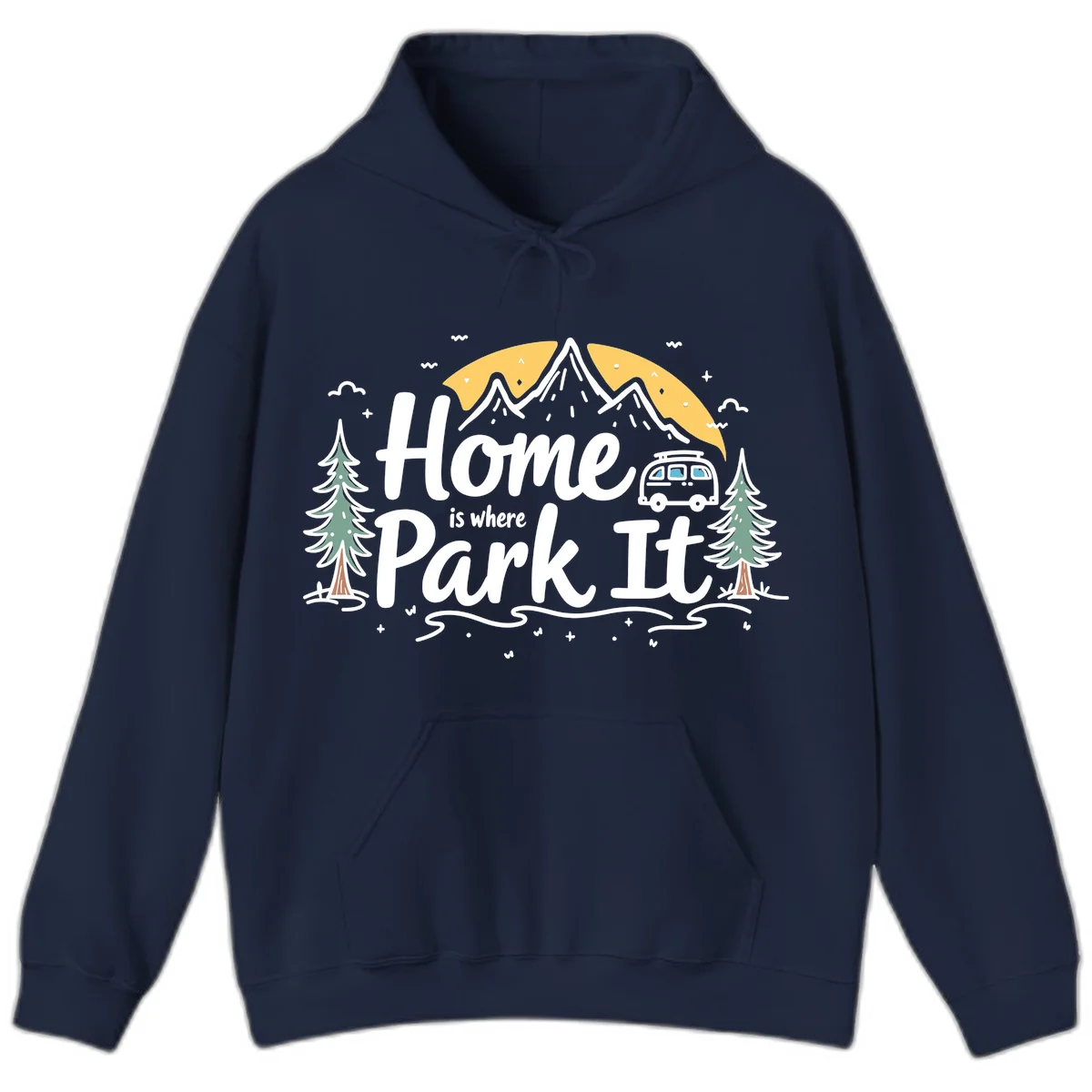 Illustrated design with mountains, camper van, pine trees, moon and clouds with 'Home is where I Park It' text in Navy