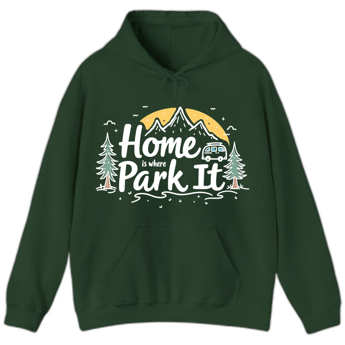 Illustrated design with mountains, camper van, pine trees, moon and clouds with 'Home is where I Park It' text in Forest Green