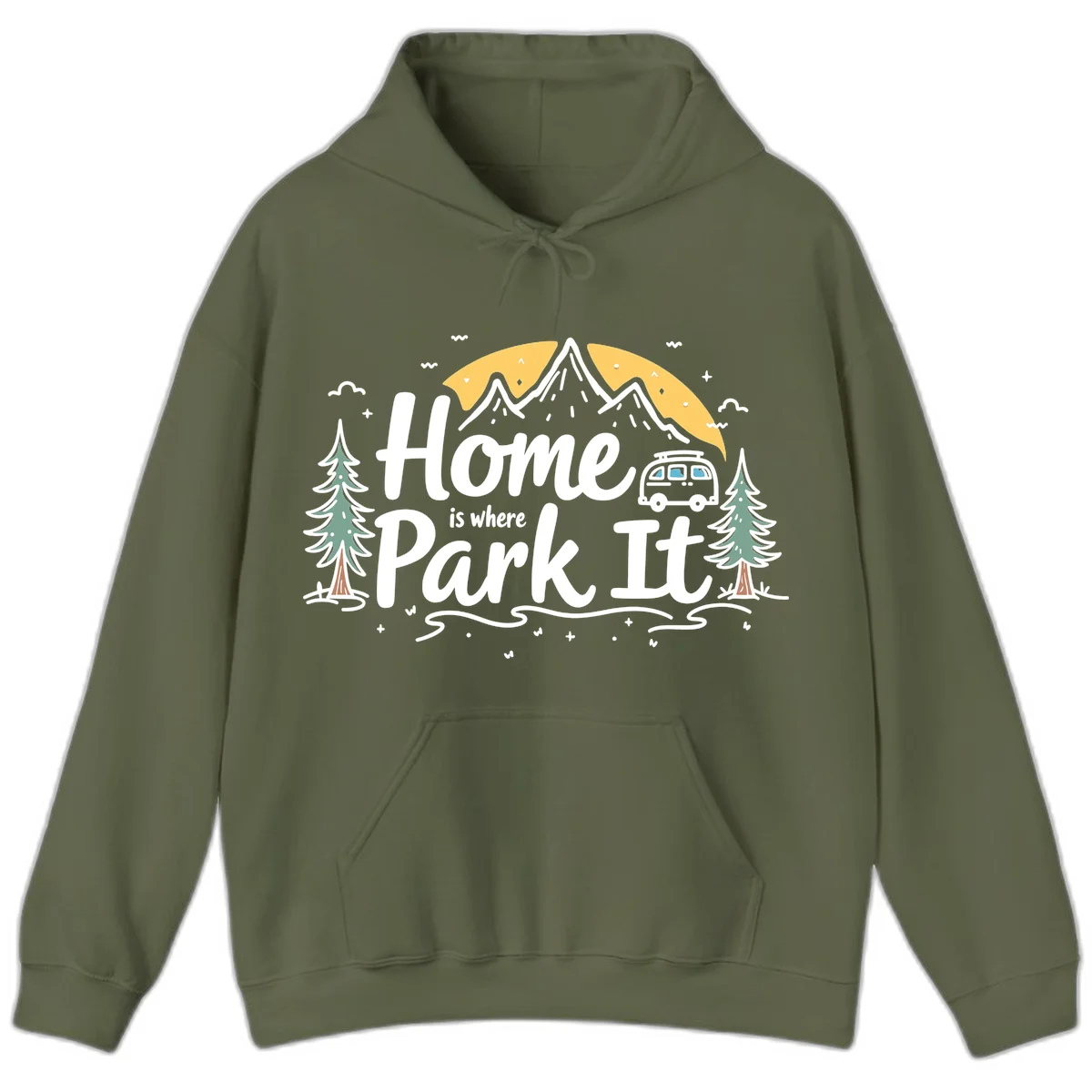 Illustrated design with mountains, camper van, pine trees, moon and clouds with 'Home is where I Park It' text in Military Green