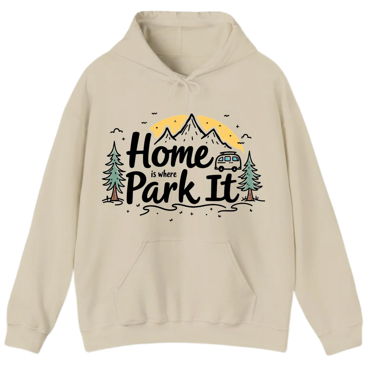 Illustrated design with mountains, camper van, pine trees, moon and clouds with 'Home is where I Park It' text in Sand