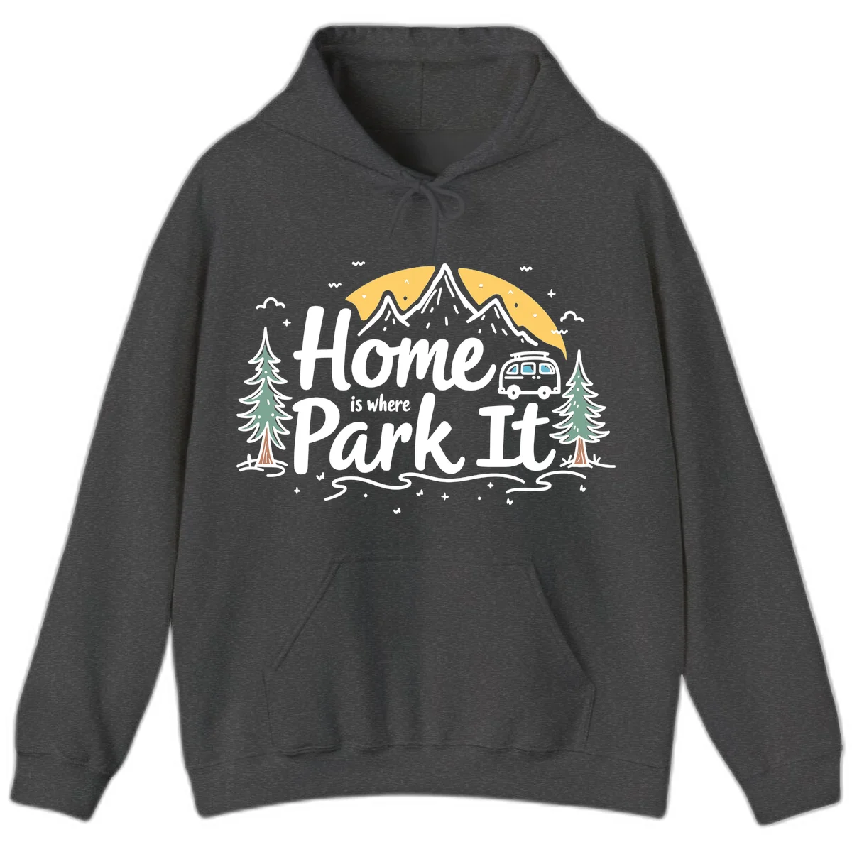 Illustrated design with mountains, camper van, pine trees, moon and clouds with 'Home is where I Park It' text in Dark Heather