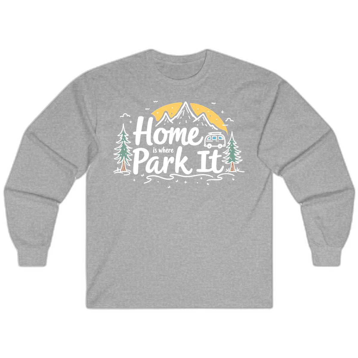 Illustrated design with mountains, camper van, pine trees, moon and clouds with 'Home is where I Park It' text in Sport Grey