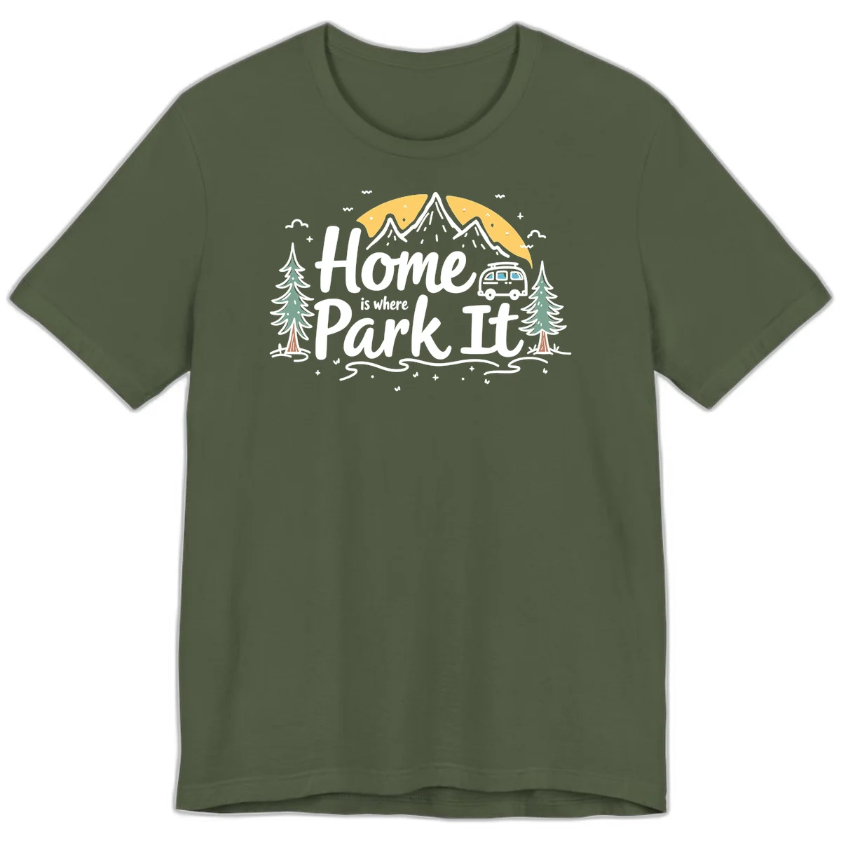 Illustrated design with mountains, camper van, pine trees, moon and clouds with 'Home is where I Park It' text in Military Green