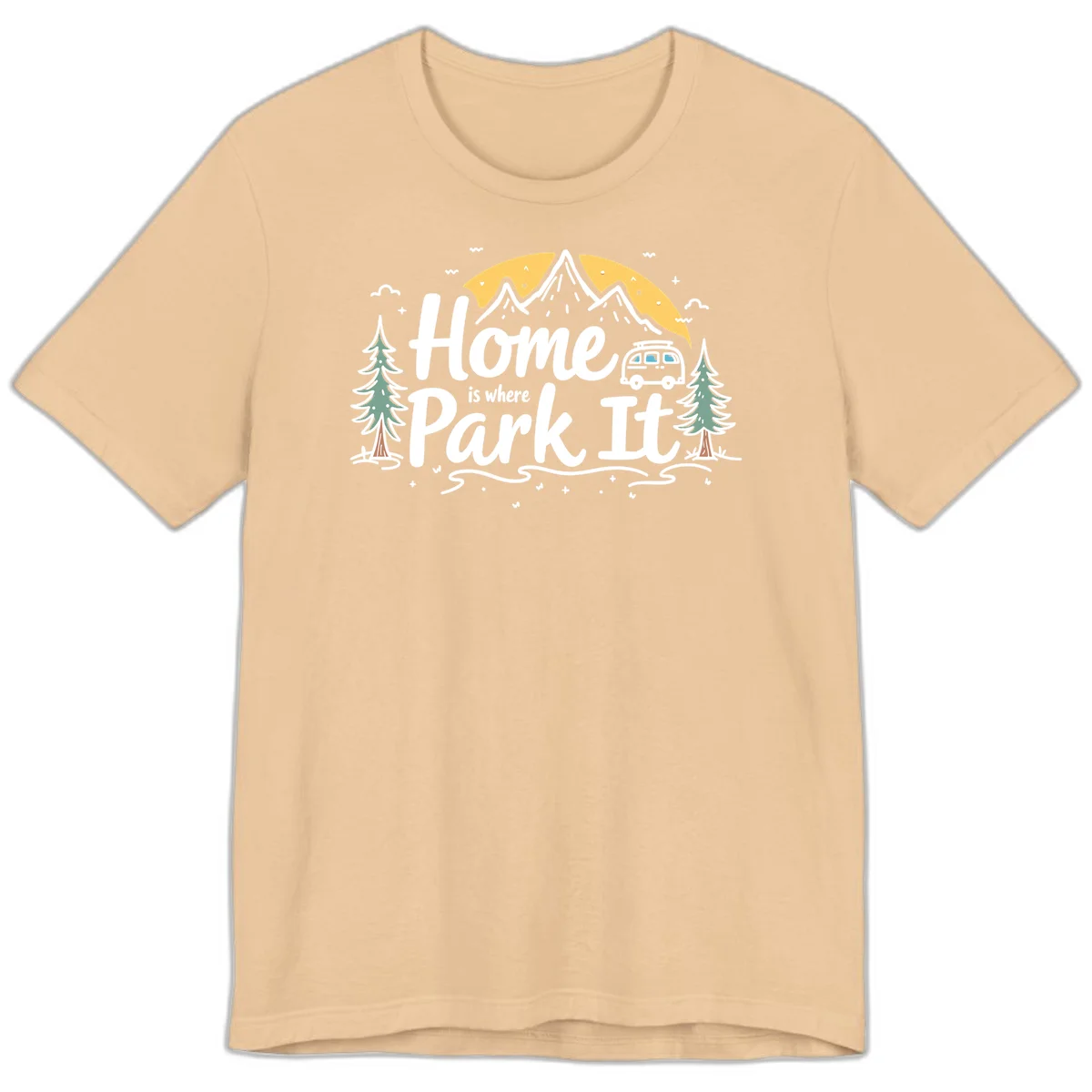 Illustrated design with mountains, camper van, pine trees, moon and clouds with 'Home is where I Park It' text in Sand Dune