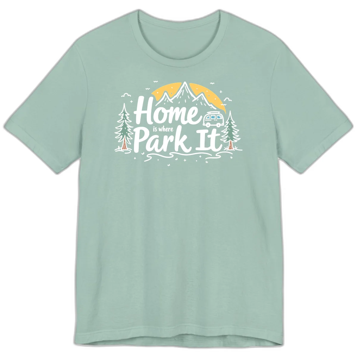 Illustrated design with mountains, camper van, pine trees, moon and clouds with 'Home is where I Park It' text in Dusty Blue