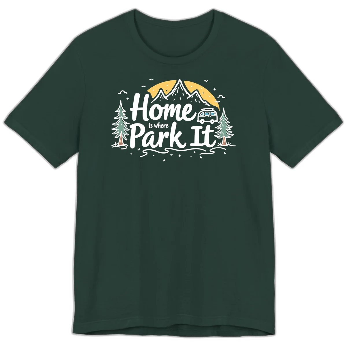 Illustrated design with mountains, camper van, pine trees, moon and clouds with 'Home is where I Park It' text in Forest