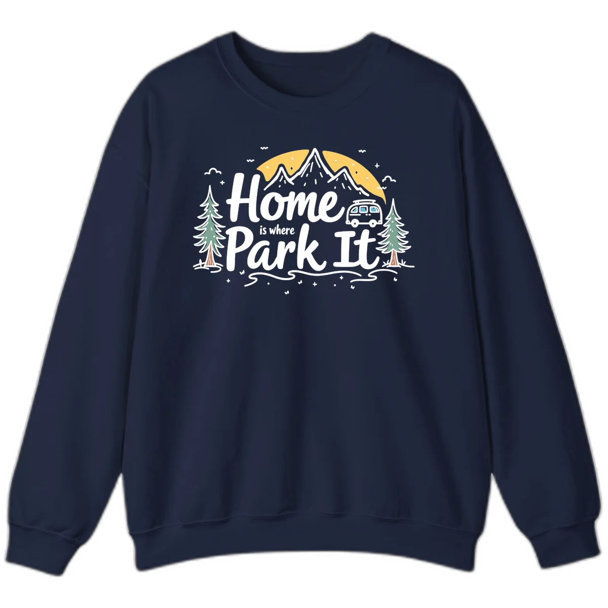 Illustrated design with mountains, camper van, pine trees, moon and clouds with 'Home is where I Park It' text in Navy