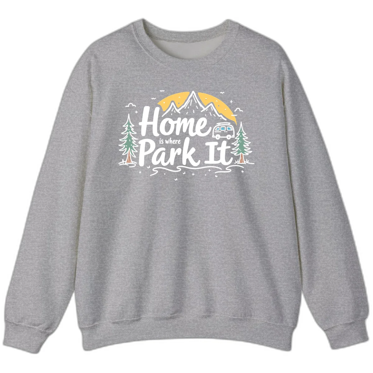 Illustrated design with mountains, camper van, pine trees, moon and clouds with 'Home is where I Park It' text in Sport Grey