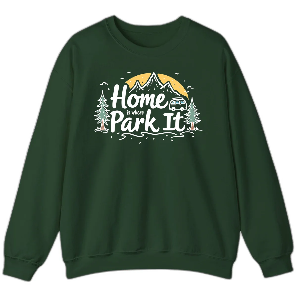 Illustrated design with mountains, camper van, pine trees, moon and clouds with 'Home is where I Park It' text in Forest Green