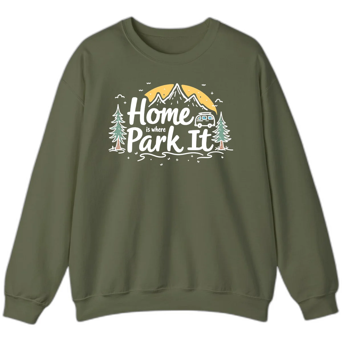 Illustrated design with mountains, camper van, pine trees, moon and clouds with 'Home is where I Park It' text in Military Green