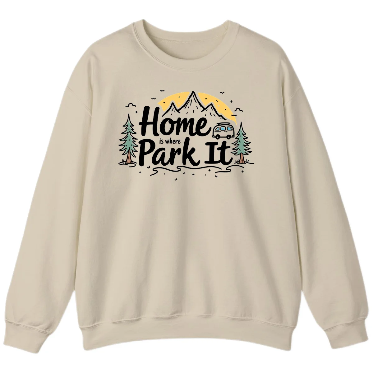 Illustrated design with mountains, camper van, pine trees, moon and clouds with 'Home is where I Park It' text in Sand