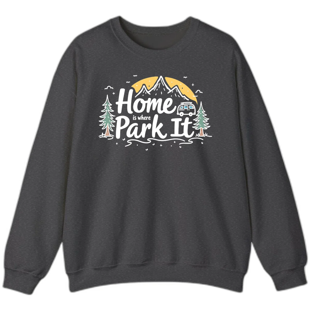 Illustrated design with mountains, camper van, pine trees, moon and clouds with 'Home is where I Park It' text in Dark Heather