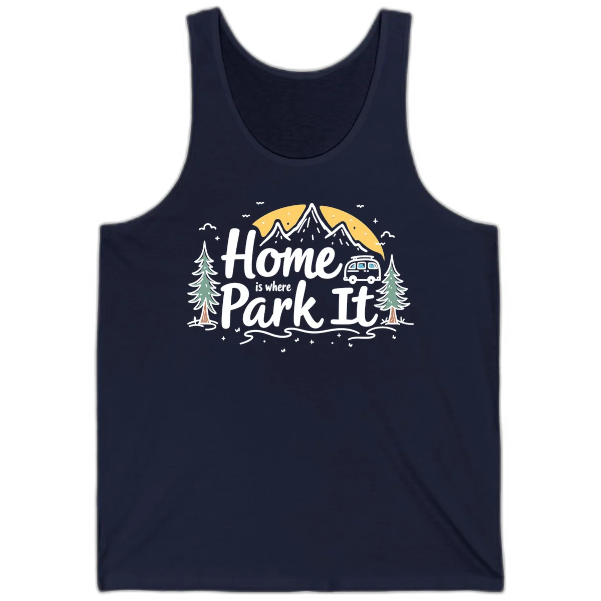 Illustrated design with mountains, camper van, pine trees, moon and clouds with 'Home is where I Park It' text in Navy