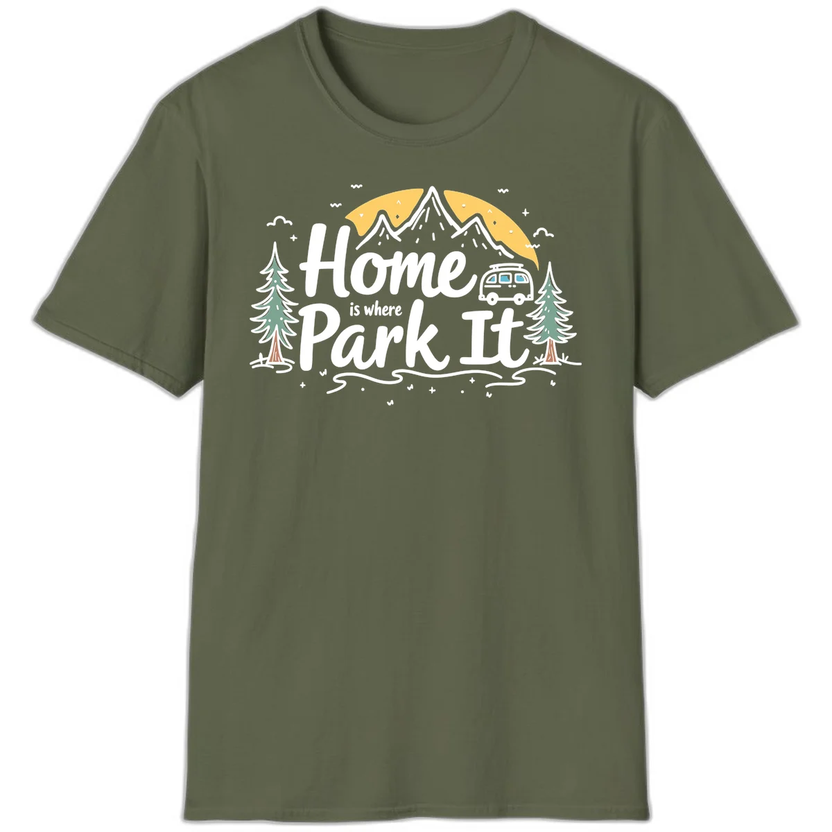 Illustrated design with mountains, camper van, pine trees, moon and clouds with 'Home is where I Park It' text in Military Green