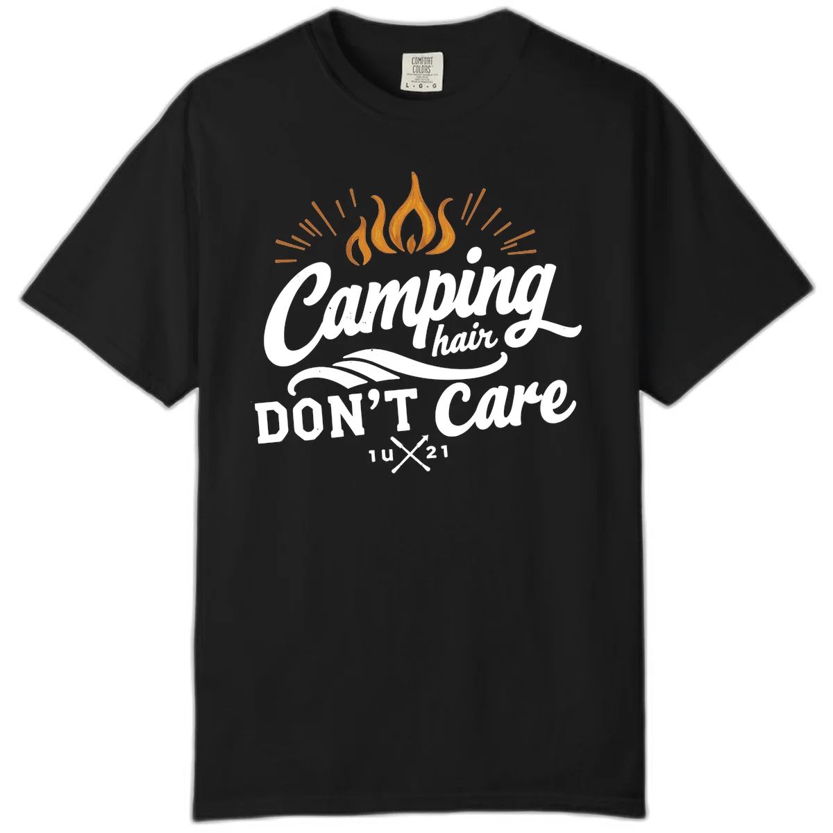 Camping hair don't care design with orange flame and radiating light rays in white lettering on gray background in Black