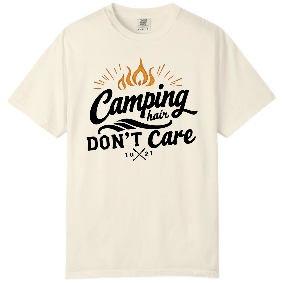 Camping hair don't care design with orange flame and radiating light rays in white lettering on gray background in Ivory