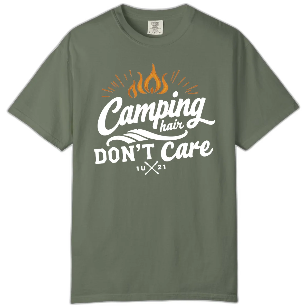 Camping hair don't care design with orange flame and radiating light rays in white lettering on gray background in Moss