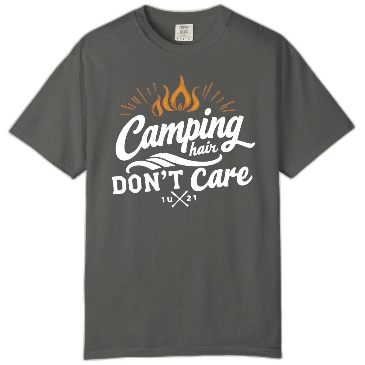 Camping hair don't care design with orange flame and radiating light rays in white lettering on gray background in Pepper