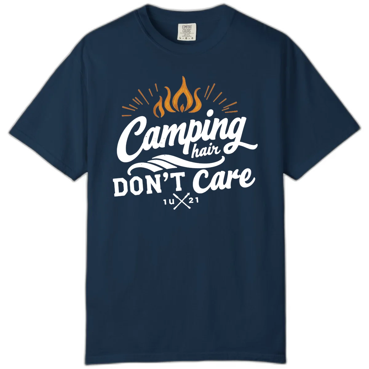 Camping hair don't care design with orange flame and radiating light rays in white lettering on gray background in True Navy