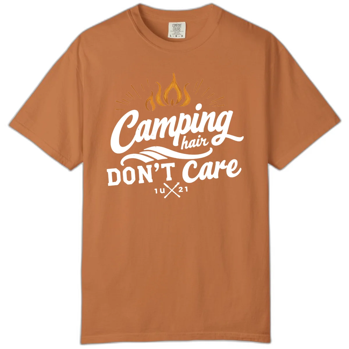 Camping hair don't care design with orange flame and radiating light rays in white lettering on gray background in Yam
