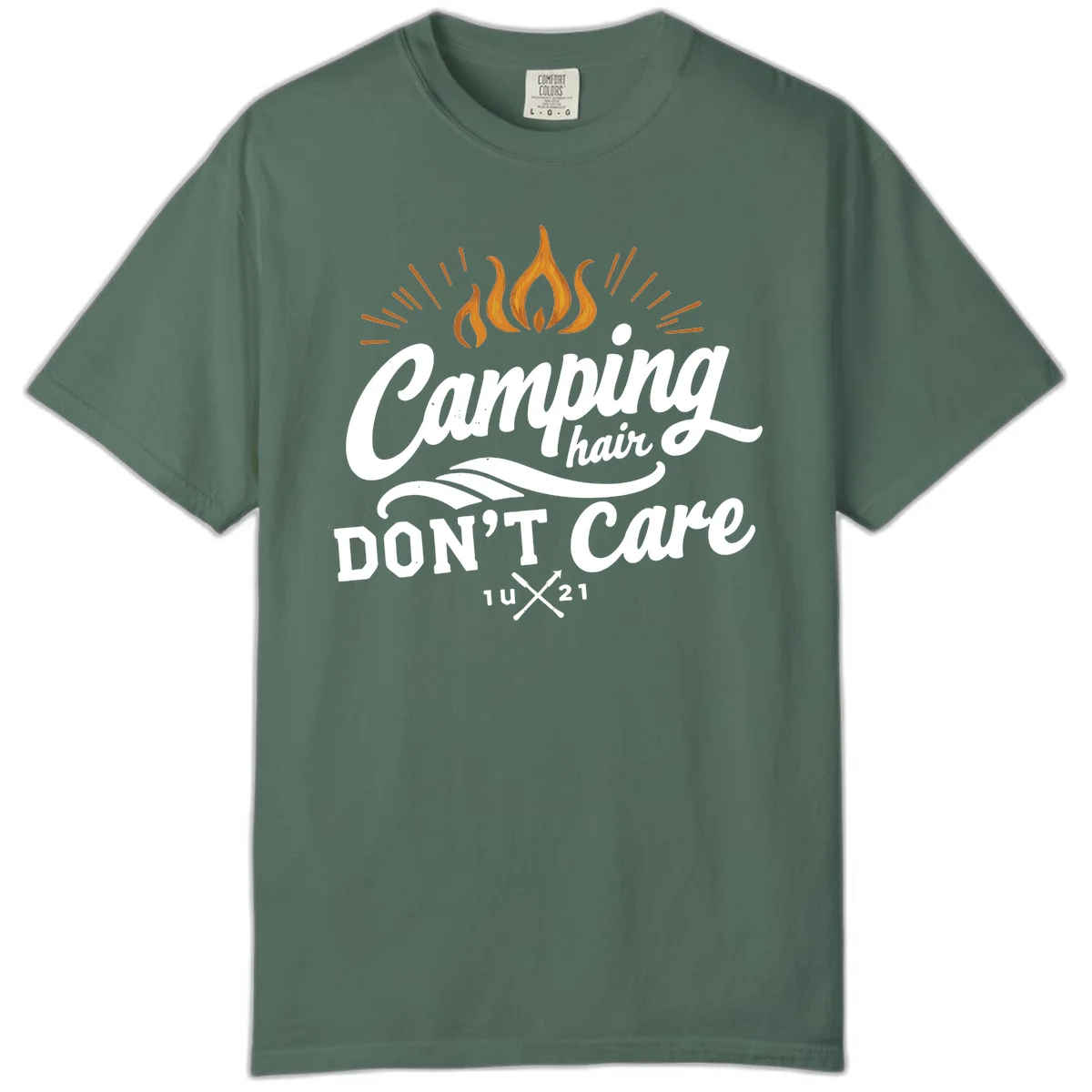 Camping hair don't care design with orange flame and radiating light rays in white lettering on gray background in Blue Spruce