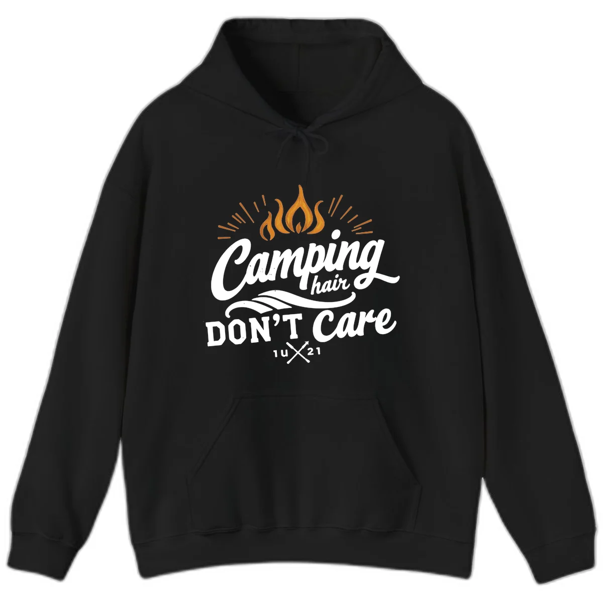 Camping hair don't care design with orange flame and radiating light rays in white lettering on gray background in Black