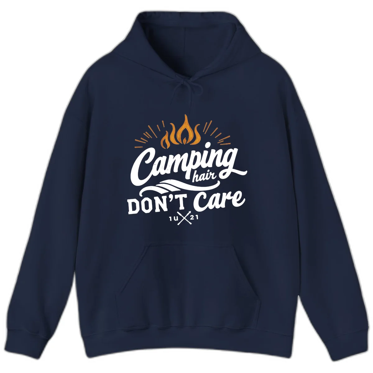 Camping hair don't care design with orange flame and radiating light rays in white lettering on gray background in Navy