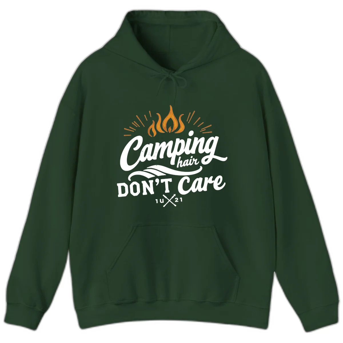 Camping hair don't care design with orange flame and radiating light rays in white lettering on gray background in Forest Green