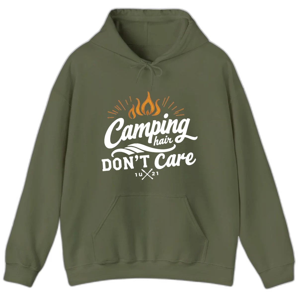 Camping hair don't care design with orange flame and radiating light rays in white lettering on gray background in Military Green