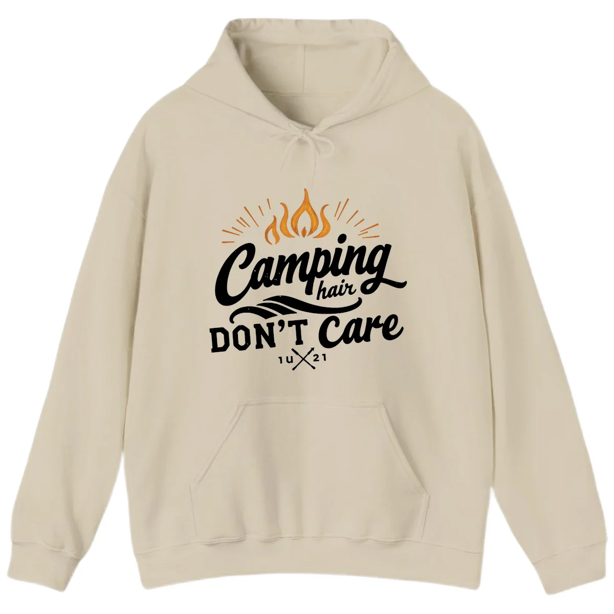 Camping hair don't care design with orange flame and radiating light rays in white lettering on gray background in Sand