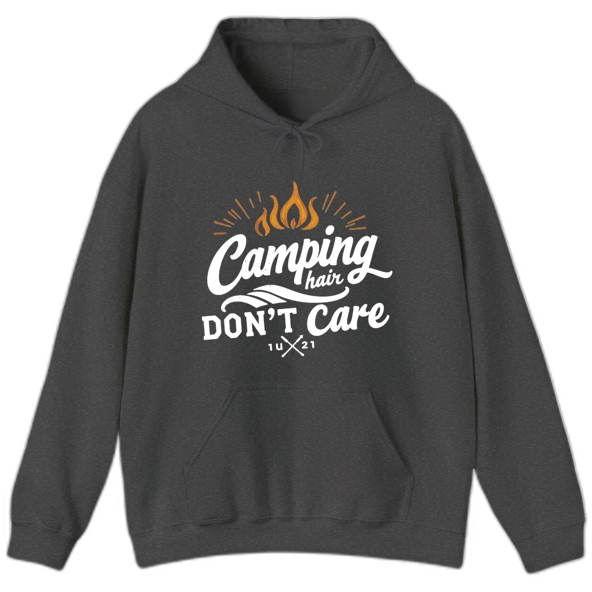 Camping hair don't care design with orange flame and radiating light rays in white lettering on gray background in Dark Heather