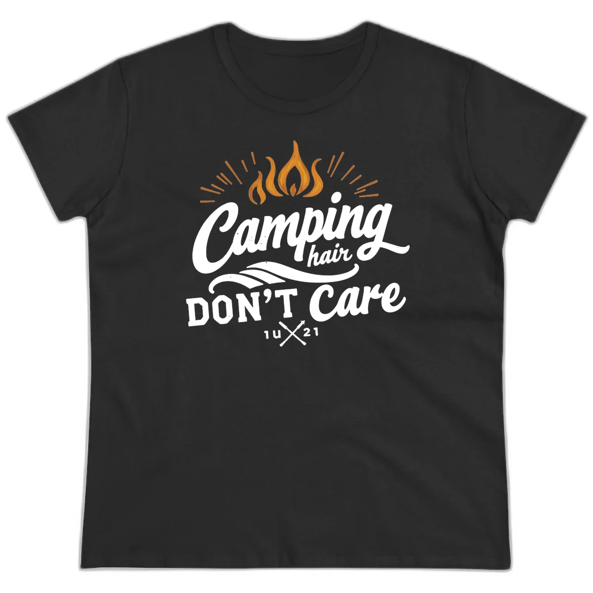 Camping hair don't care design with orange flame and radiating light rays in white lettering on gray background in Black