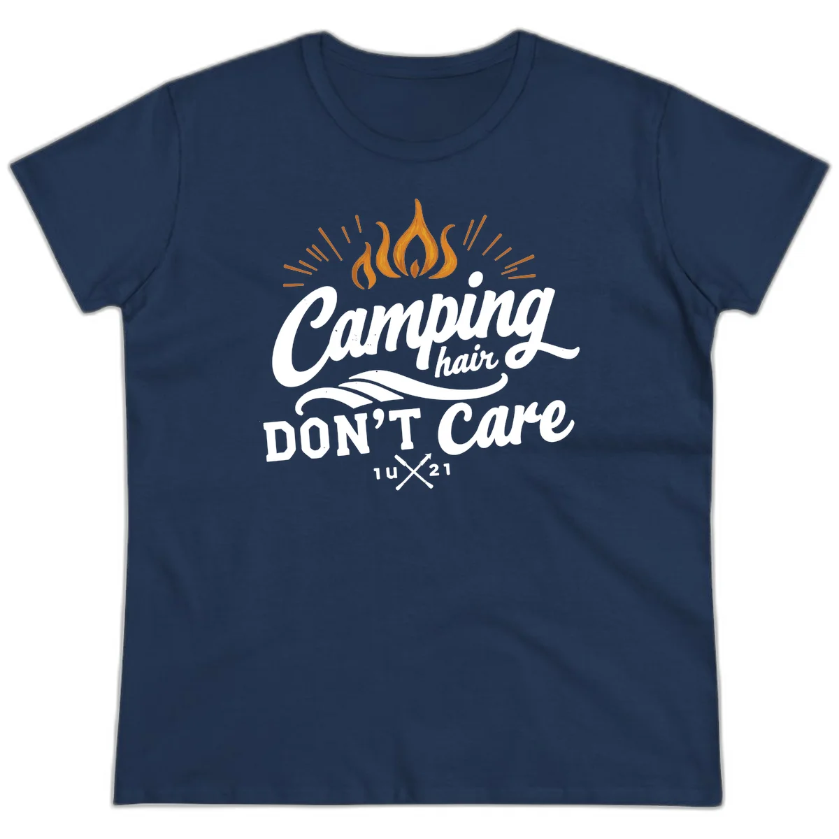 Camping hair don't care design with orange flame and radiating light rays in white lettering on gray background in Navy