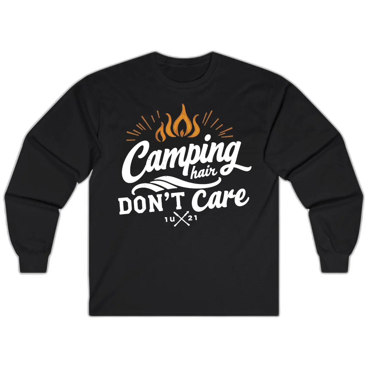 Camping hair don't care design with orange flame and radiating light rays in white lettering on gray background in Black