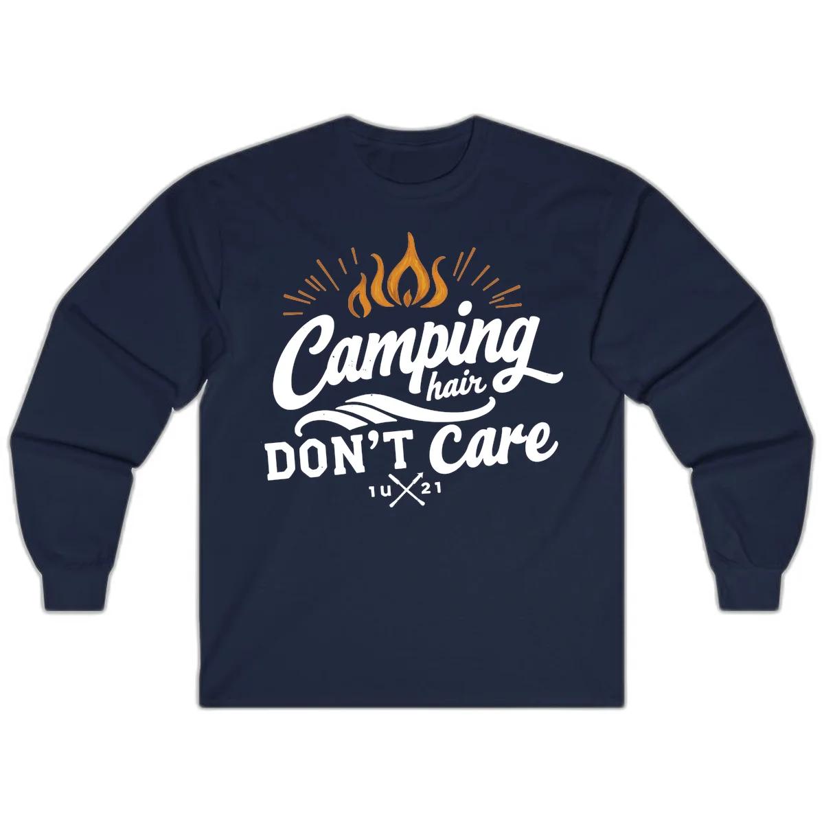 Camping hair don't care design with orange flame and radiating light rays in white lettering on gray background in Navy