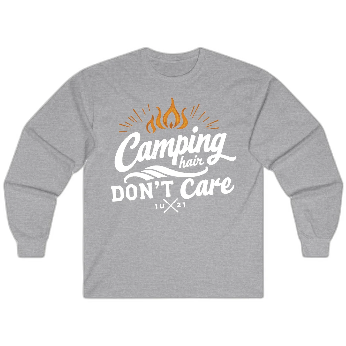 Camping hair don't care design with orange flame and radiating light rays in white lettering on gray background in Sport Grey