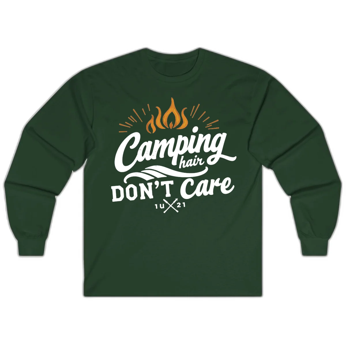 Camping hair don't care design with orange flame and radiating light rays in white lettering on gray background in Forest Green