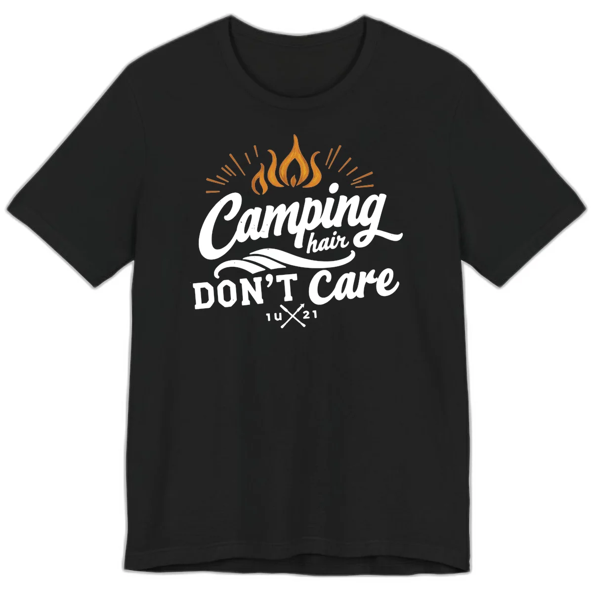 Camping hair don't care design with orange flame and radiating light rays in white lettering on gray background in Black