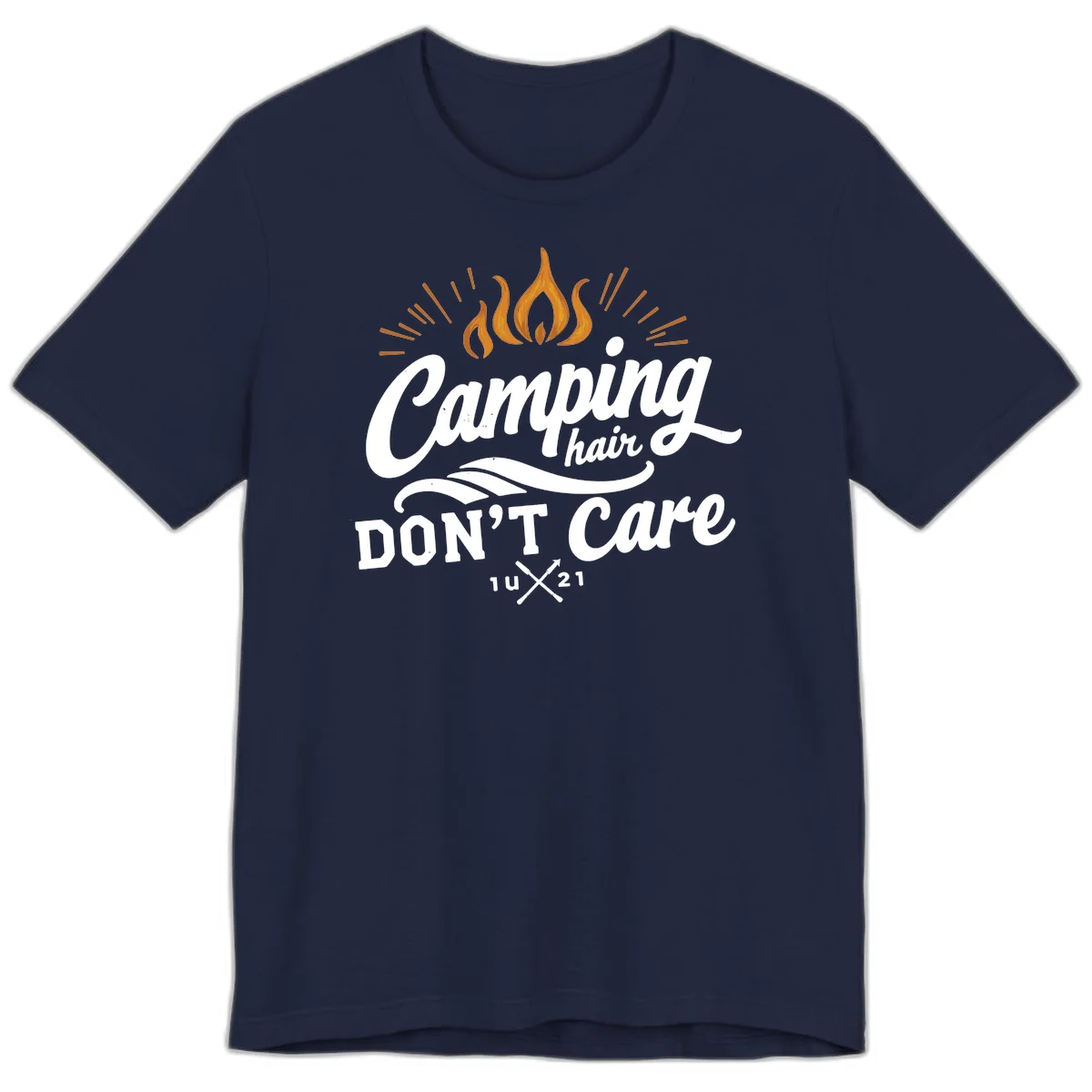 Camping hair don't care design with orange flame and radiating light rays in white lettering on gray background in Navy