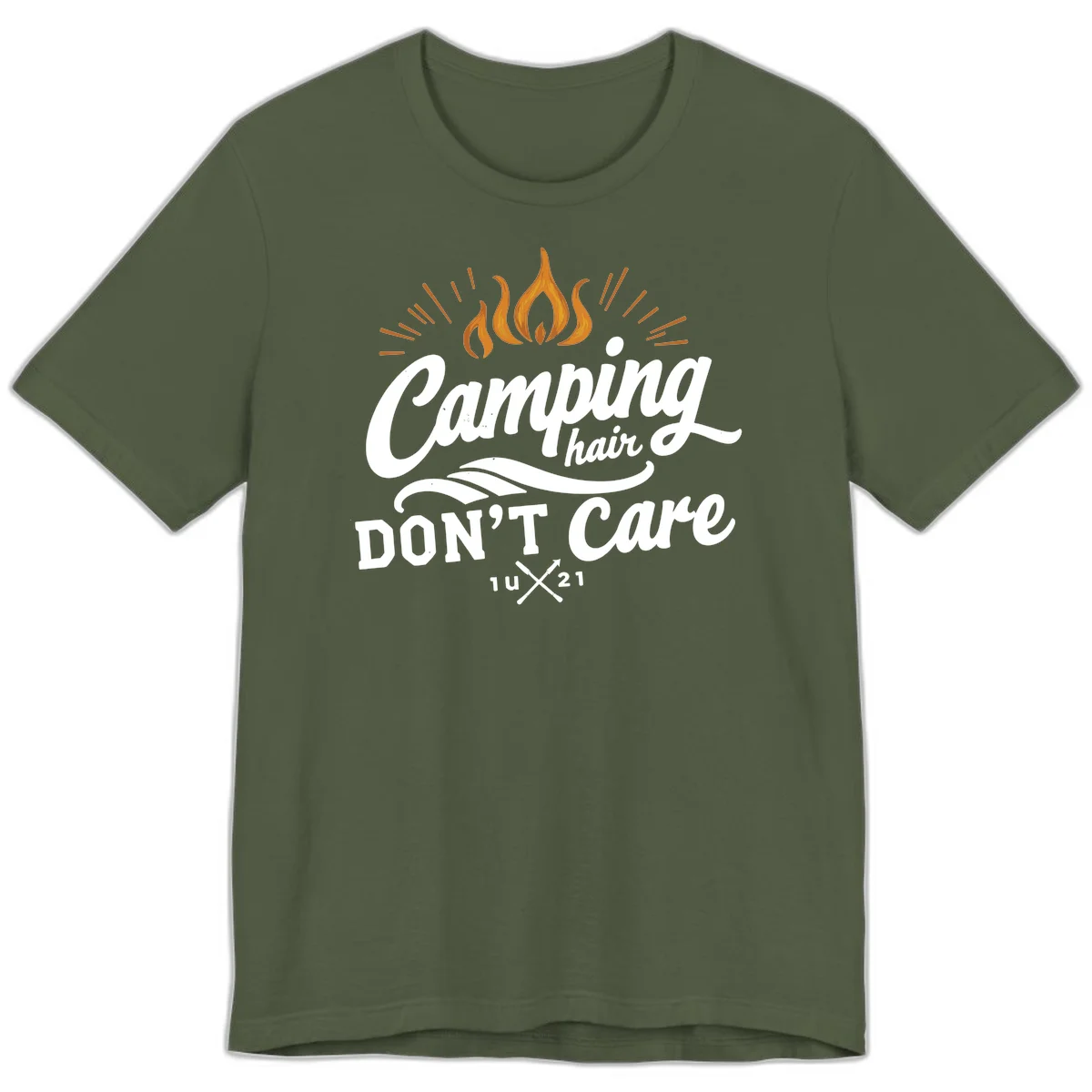 Camping hair don't care design with orange flame and radiating light rays in white lettering on gray background in Military Green
